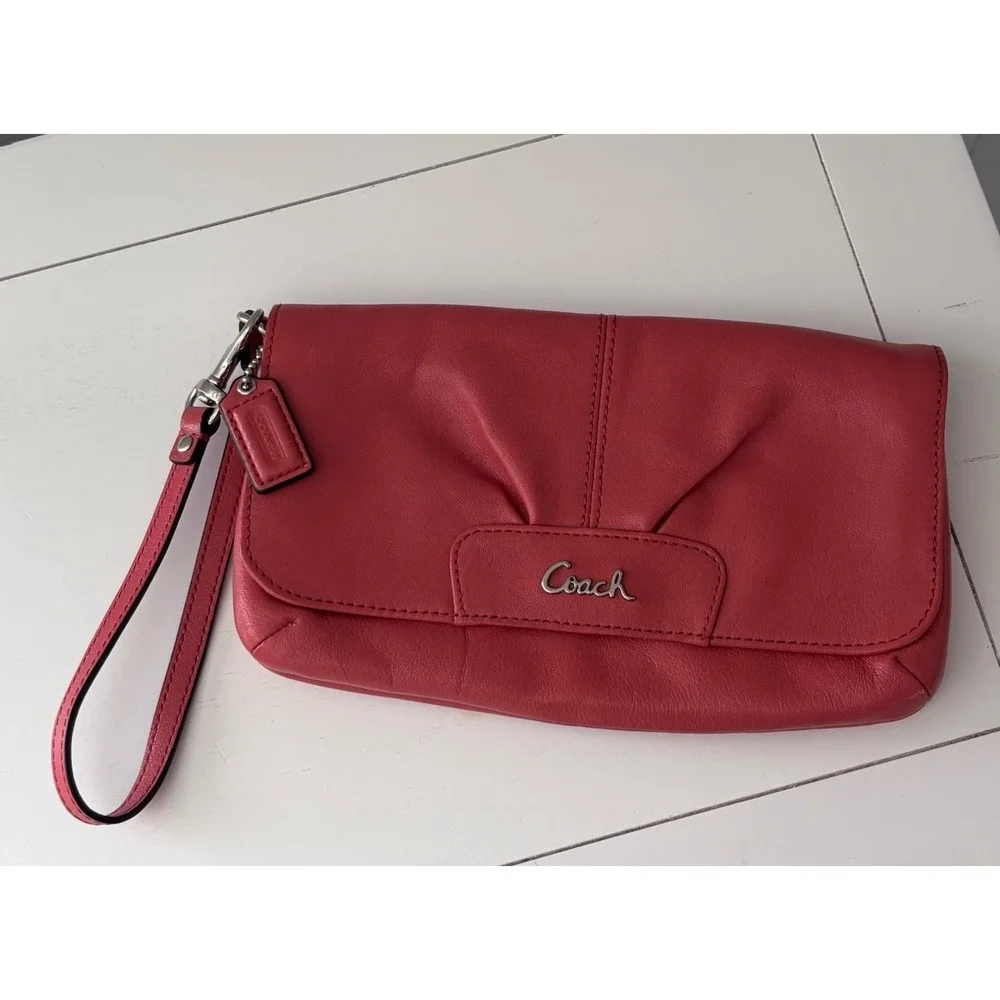 Coach Ashley Leather Large Pleated Flap Wristlet Wallet Bag Geranium